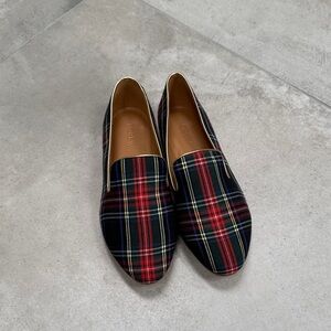 J. Crew Plaid Tartan Loafers in Red, Green, Navy with Gold Trim